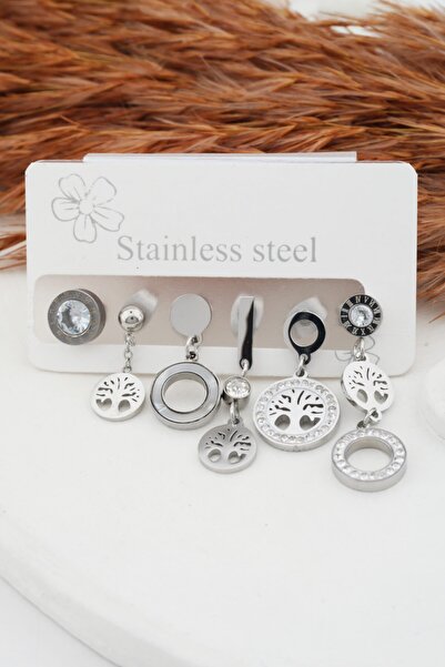 By Zeyna Aksesuar مجموعة نسائية خالية من التشويه مكونة من 6 أقراط من الفولاذ مع تفاصيل شجرة الحياة