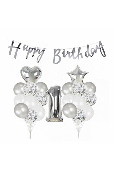 TEAM-ONE 1 Yaş Metalik Gümüş Kaligrafi Happy Bırthday Yazılı Gümüş Konfetili ...