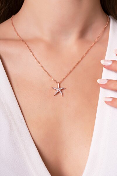 Eva Jewelry Deniz Yıldızı Taşlı 14 K Rose Gold Kaplama Kadın Kolye