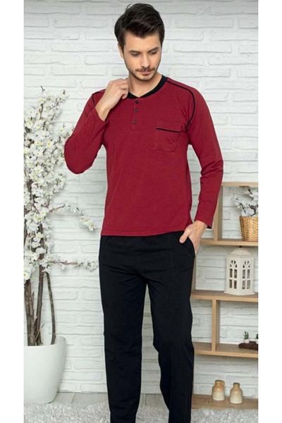 Sude Claret Red Black Men's Pajama Set - Long Sleeve and Pocket
