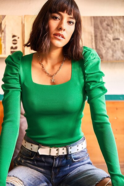 Olalook Dámská trávová zelená princezna s rukávem čtvercový límec pletená halenka BLZ-19001681