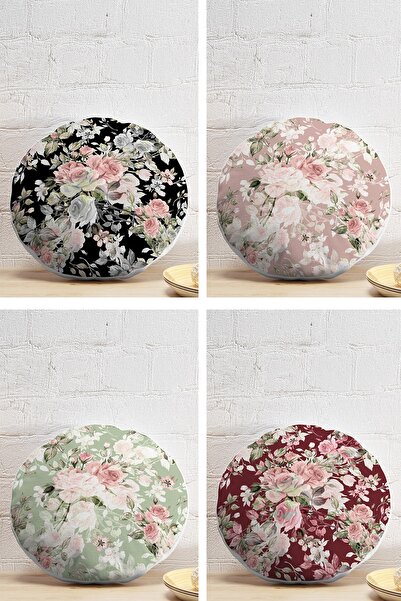 Realhomes 4'lü Renkli Zemin Üzerinde Çiçek Desenli Modern Yuvarlak Yastık Kır...