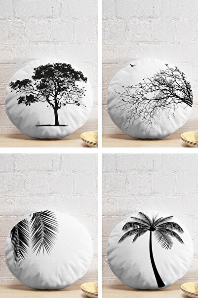 Realhomes 4-Piece White Background Tree Themed Digital Printed Modern Round P...
