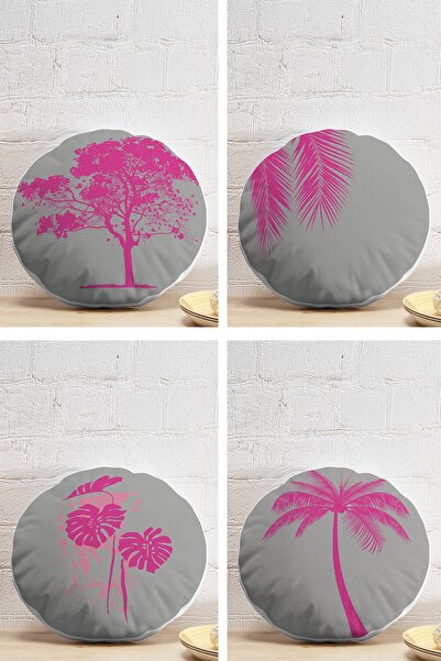 Realhomes 4'lü Gri Zeminde Fuşya Ağaç Motifli Dekoratif Dijital Baskılı Yuvar...