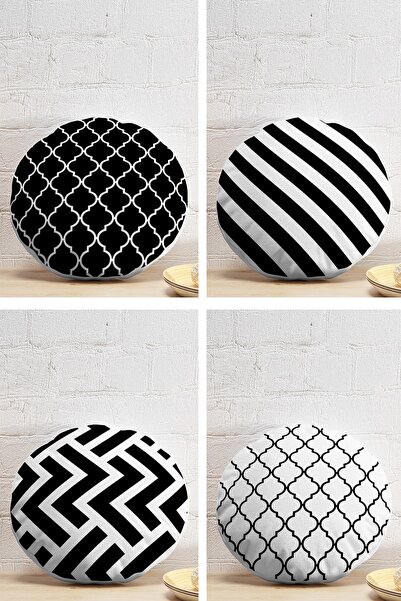 Realhomes 4'lü Dekoratif Zigzag Desenli Ogea Yuvarlak Yastık Kırlent Kılıf Seti