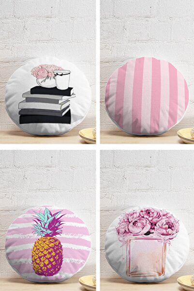 Realhomes 4-Piece Pink and White Striped Concept Modern Round Pillow Throw Pi...