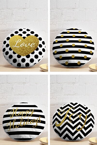 Realhomes 4-Piece Black White Gold Leafy Motifs Digital Printed Round Pillow ...