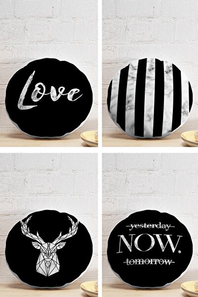 Realhomes مجموعة من 4 أغطية وسائد دائرية مزخرفة بتصميم رخامي على أرضية سوداء