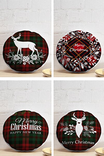 Realhomes 4-Piece Plaid Background New Year Patterned Round Pillow Throw Pill...