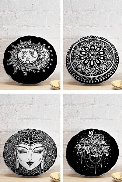 Realhomes 4'lü Siyah Beyaz Medusa Tasarımlı Yuvarlak Yastık Kırlent Kılıf Seti