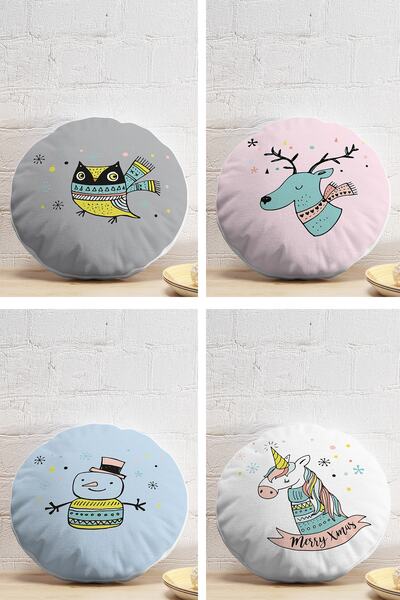 Realhomes 4-Piece Winter Season Themed Cute Animal Design Round Pillow Throw ...