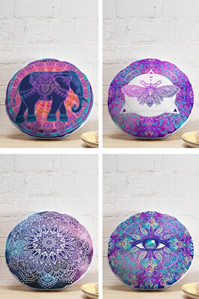 Realhomes طقم غطاء وسادة دائري مطبوع عليه دمشقي على أرضية السماء مكون من 4 قطع