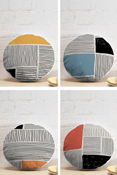 Realhomes 4-Piece Dark Ivory Colored Line Design Digital Printed Modern Round...