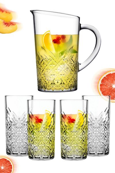 Paşabahçe مجموعة الاستمتاع بكوكتيل السانجريا / موهيتو الخالدة المكونة من 5 قطع - 4 أكواب كوكتيل طويلة + إبريق/إبريق