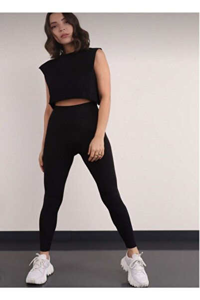 LEVVA BUTİK Colanți negri cu nervuri cu talie înaltă pentru femei