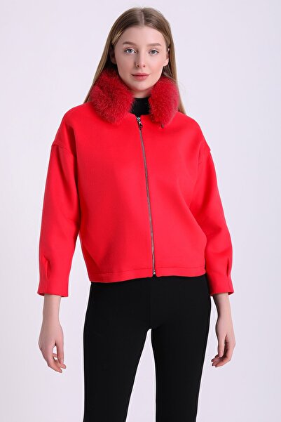 Leather Club Kırmızı Fox Aksesuarlı Kaşmir Ceket