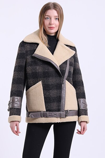 Leather Club Bej Ekose Kruvaze Kuzu Yün Ceket