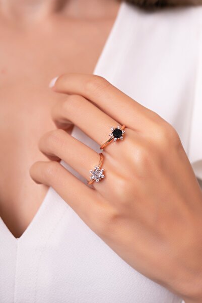 Eva Jewelry Çiçek Motifli Tek Taş Ayarlanabilir 14 K Rose Ve Gold Kaplama 2'l...