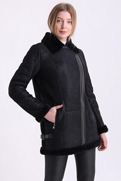 Leather Club Siyah Baskı Kuzu Kürk Ceket