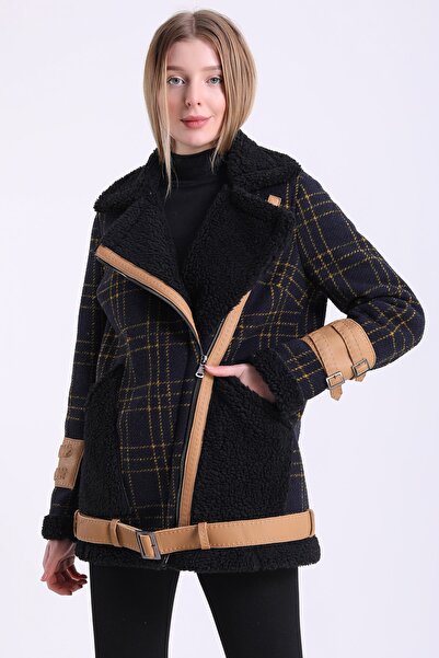 Leather Club Lacivert Ekose Kruvaze Kuzu Yün Ceket