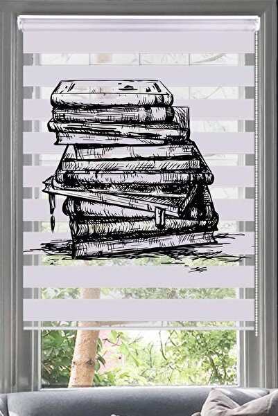 Lotus Kitap Desenli Zebra Perde-genç Odası - Books