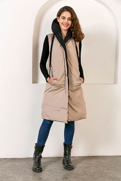Kadın Modası Women's Beige Hooded Double-Sided Long Puffer Vest with Zipper Pockets
