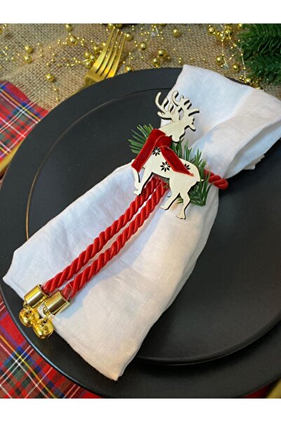 Motif Aksesuar 6'lı Set Ahşap Ren Geyikli Ve Çanlı Yılbaşı , Yeniyıl Noel Temalı Peçete Halkası