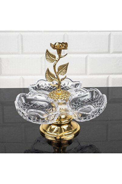 Zeyve وعاء تقديم زجاجي كريستالي ياقوتي - 3 أقسام، وعاء تقديم الطعام، وعاء البهجة التركية، تحت وعاء الوجبات الخفيفة، 20 × 20 سم، مقبض معدني