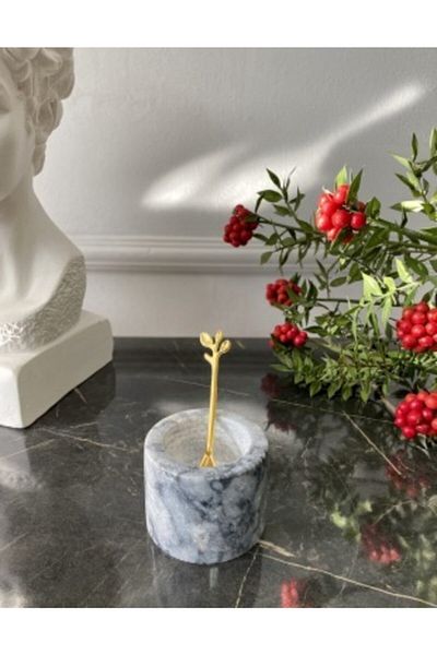 Elysian Marble Salt and Pepper Shakers Handmade 1 Piece Gray Colored Spice Holder Gold Spoon