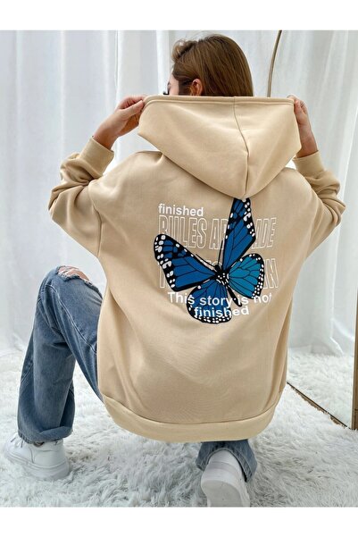 Deocept Γυναικείο μπλουζάκι με κουκούλα oversized κλωστών σε μπεζ χρώμα