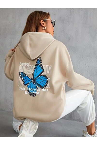 Deocept Γυναικείο μπλουζάκι με κουκούλα oversized κλωστών σε μπεζ χρώμα