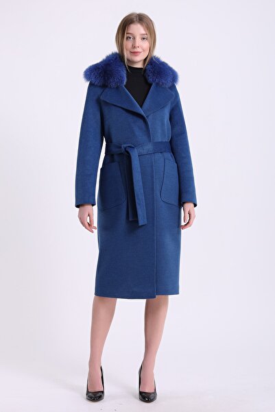 Leather Club Mavi Fox Aksesuarlı Kaşmir Kaban