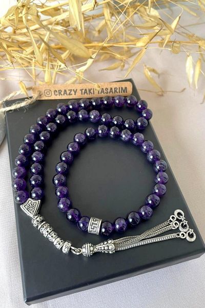 CRAZY TAKI TASARIM Natural Amethyst Stone Gift Bracelet & Rosary Combination