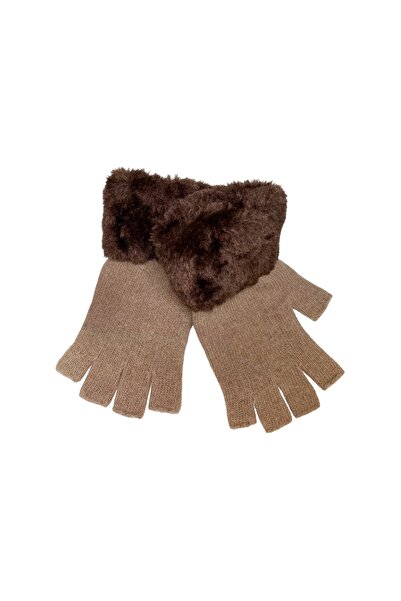 FUREVER FASHION Suni Kürklü Kahverengi Parmaksız Eldiven