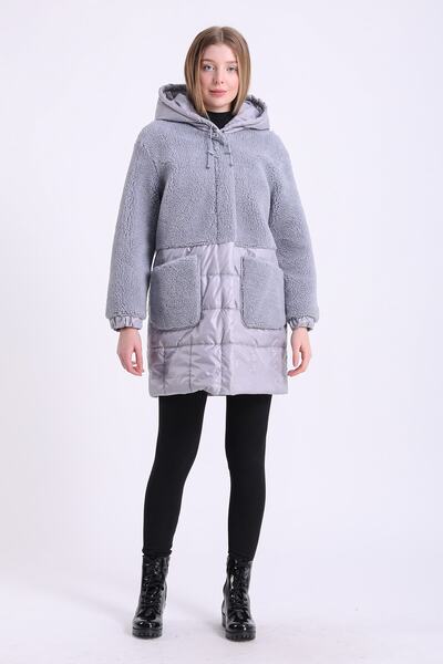 Leather Club Gri Puffer Kuzu Kürk Kaban