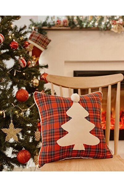 Hestia Home Червени карирани калъфи с ресни - Крем Боровинка Коледа