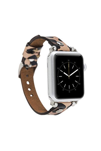 PLM سوار جلدي لساعة Apple مقاس 38-40 ملم متوافق مع Silver Trok Leopard Ne