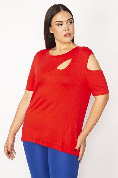 Şans Women's Large Size Red Shoulder and Chest Low-cut Blouse 65n33938