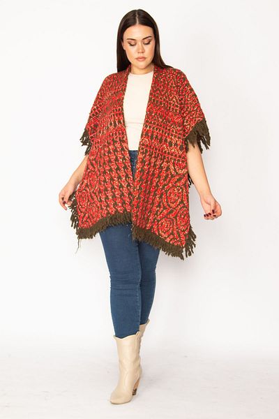 Şans Women's Large Size Claret Red Shawl Pattern Tassel and Glitter Detailed Thick Knitwear Poncho 65n30401