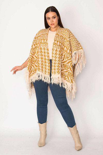 Şans Women's Large Size Saffron Shawl Pattern Tassel and Glitter Detailed Thick Knitwear Poncho 65n30401