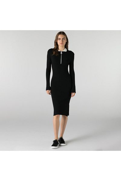 Lacoste Polo Neck Striped Black Slim Fit Long Sleeve Women's Dress