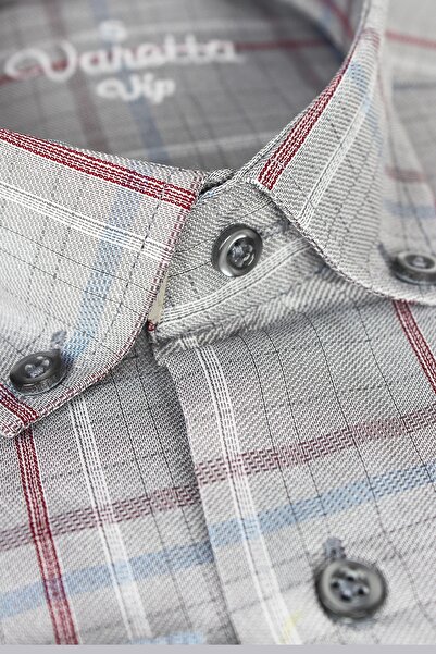 Varetta Men's Gray Classic Cut Checked Collar Buttoned Single Pocket Long Sleeve Shirt