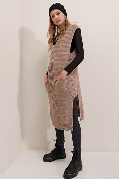 AQE FASHION Γυναικείο πόντσο τσέπης με λαιμόκοψη V βιζόν