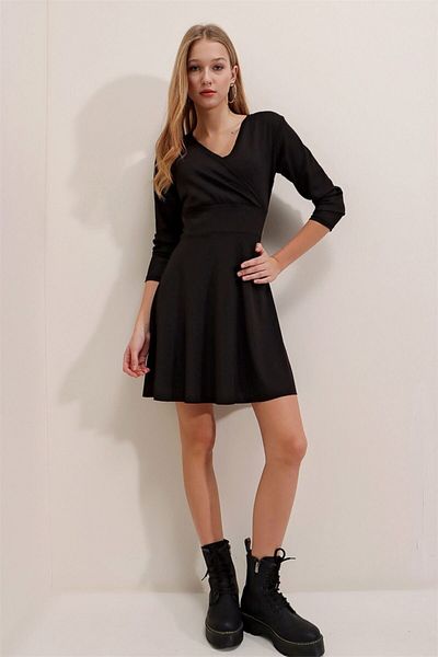 AQE FASHION Μαύρο μακρυμάνικο φόρεμα με διπλό στήθος
