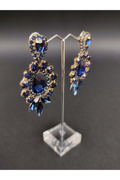 Türkay Aksesuar Navy Blue Crystal Stone Henna Wedding Bridal Earrings