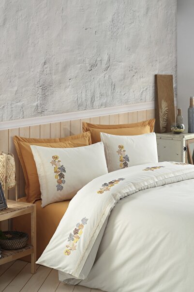 ÖDEL HOME Natural - Mustard Lace Leaf Embroidered Single Duvet Cover Set