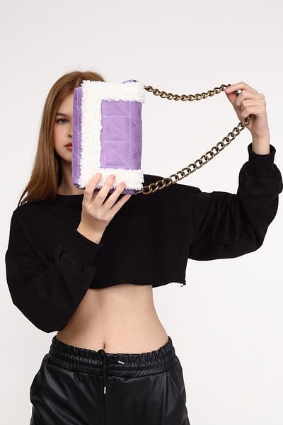 Çantacımstore Women's Faux Wool Detailed Quilted Thick Suede Shoulder Bag Lilac