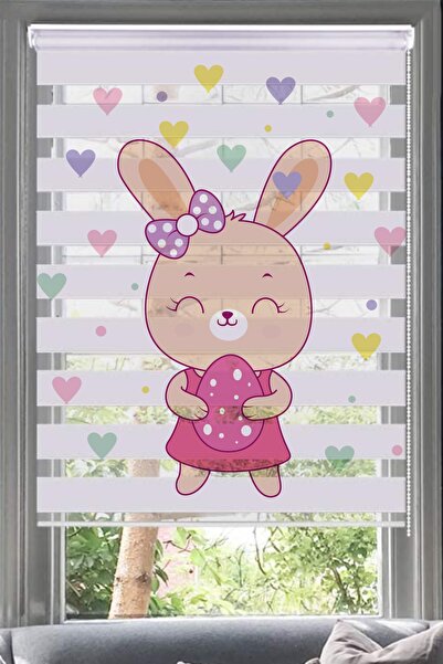 Lotus Sevimli Tavşan Desenli Zebra Perde - Çocuk Odası - Bebek - Tavşancık