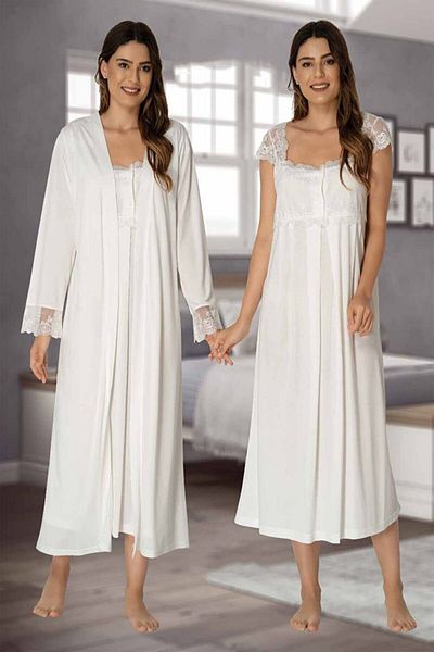 Effortt Ecru Maternity Set with Lace Detailed Strap Sleeve Nightgown and Dressing Gown