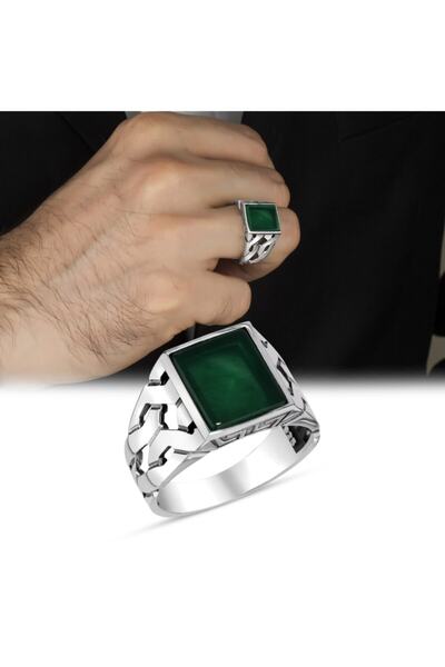 Argento Silver Yeşil Akik Taşlı 925 Ayar Gümüş Erkek Yüzük El Yapımı Takı Mod...